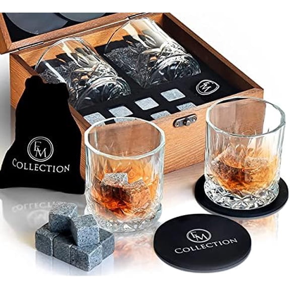 Whiskey Glass & Chilling Stones Gift Set | Bourbon Gifts for Men | Whiskey Accessories for Him or Her | Premium Whiskey Rocks Set | Ideal Valentines Day, Birthday$$Home Decor, Kitchen, & Other