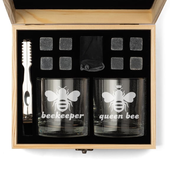 Whiskey Glass Gift Box Set with Whiskey Stones and 2 Rocks Glasses Set of 2 Queen Bee Beekeeper Gift Funny Couple His and Her Bride and Groom Wedding Engagement Anniversary Bridal Shower