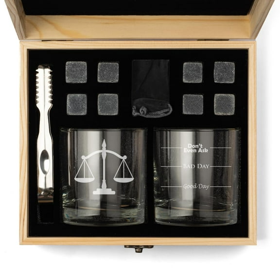 Whiskey Glass Gift Box Set with Whiskey Stones and 2 Rocks Glasses Scales of Justice Lawyer Paralegal Judge Good Day Bad Day Don't Even Ask Fill Lines Funny