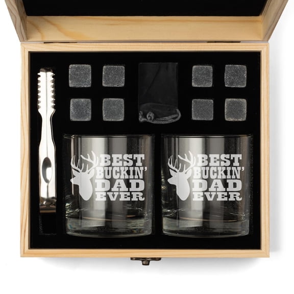 Whiskey Glass Gift Box Set with Whiskey Stones and 2 Rocks Glasses Best Buckin Dad Ever Father
