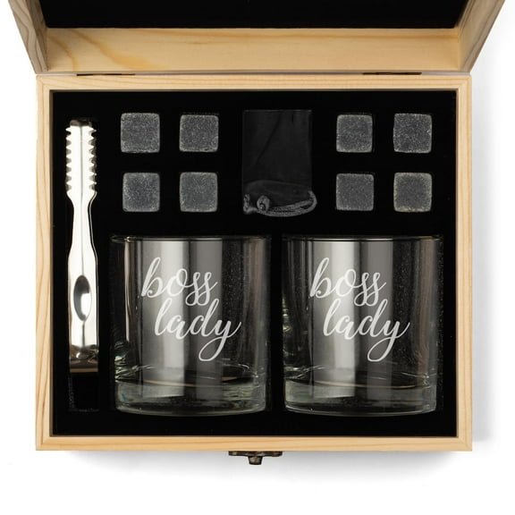 Whiskey Glass Gift Box Set with Whiskey Stones and 2 Rocks Glasses Boss Lady