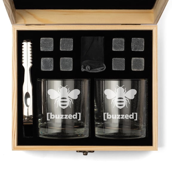Whiskey Glass Gift Box Set with Whiskey Stones and 2 Rocks Glasses Buzzed Bee