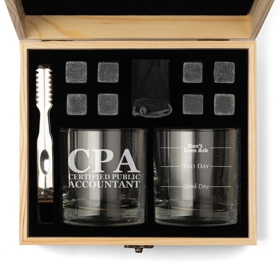 Whiskey Glass Gift Box Set with Whiskey Stones and 2 Rocks Glasses CPA Certified Public Accountant Good Day Bad Day Don't Even Ask Fill Lines Funny