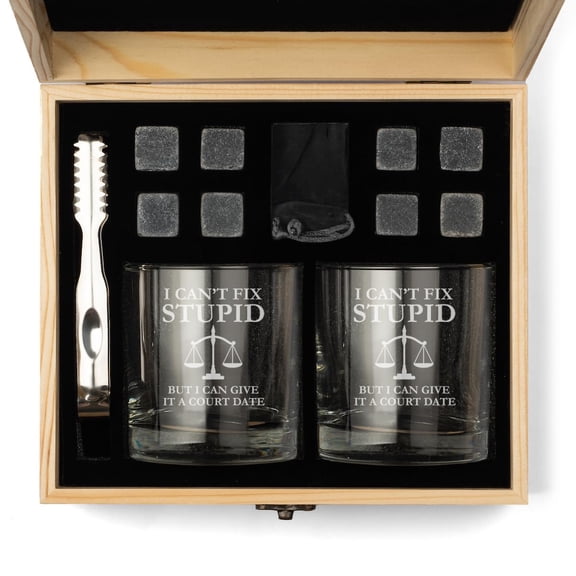 Whiskey Glass Gift Box Set with Whiskey Stones and 2 Rocks Glasses I Can't Fix Stupid But I Can Give It A Court Date Funny Lawyer Judge