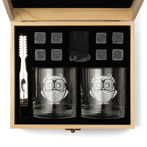 Whiskey Glass Gift Box Set with Whiskey Stones and 2 Rocks Glasses Owl Vintage
