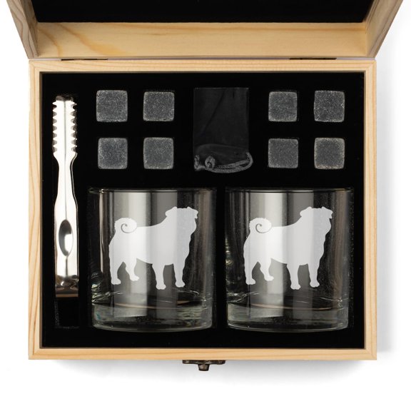 Whiskey Glass Gift Box Set with Whiskey Stones and 2 Rocks Glasses Pug