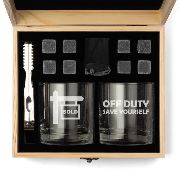 Whiskey Glass Gift Box Set with Whiskey Stones and 2 Rocks Glasses Real Estate Agent Broker Realtor Sold Off Duty Save Yourself