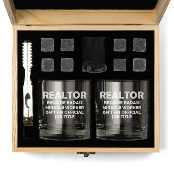 Whiskey Glass Gift Box Set with Whiskey Stones and 2 Rocks Glasses Realtor Real Estate Agent Broker Miracle Worker Job Title Funny