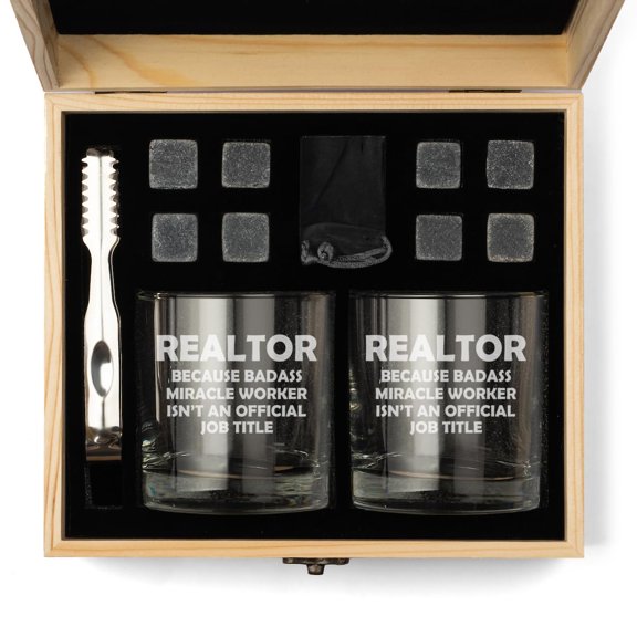 Whiskey Glass Gift Box Set with Whiskey Stones and 2 Rocks Glasses Realtor Real Estate Agent Broker Miracle Worker Job Title Funny