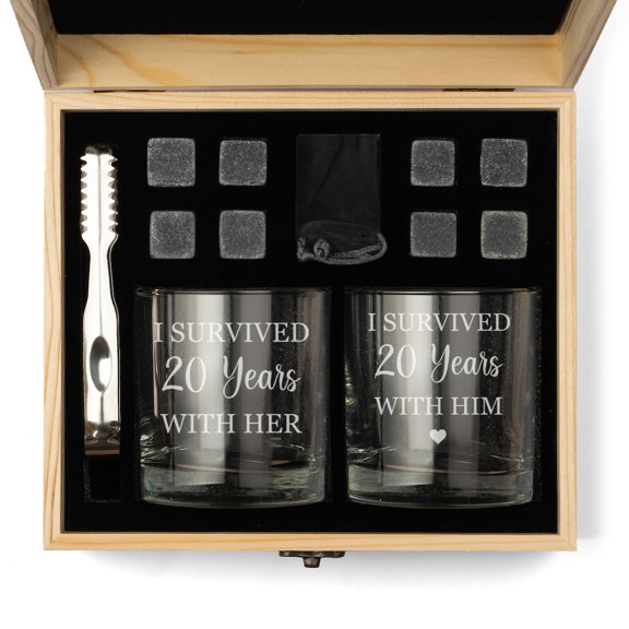Whiskey Glass Gift Box Set with Whiskey Stones and 2 Rocks Glasses Set of 2 I Survived 20 Years 20th Anniversary