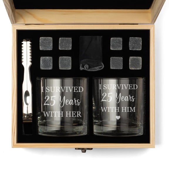 Whiskey Glass Gift Box Set with Whiskey Stones and 2 Rocks Glasses Set of 2 I Survived 25 Years 25th Anniversary