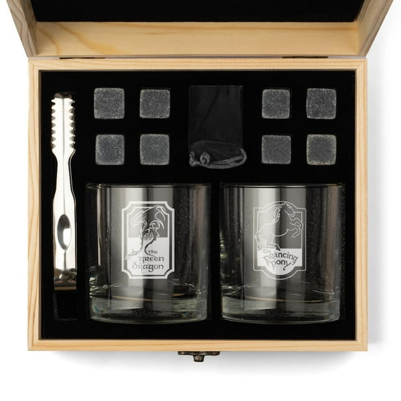 Whiskey Glass Gift Box Set with Whiskey Stones and 2 Rocks Glasses Set of 2 The Prancing Pony and The Green Dragon