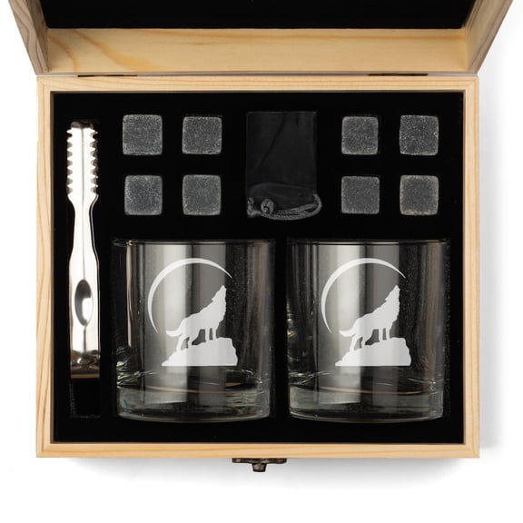 Whiskey Glass Gift Box Set with Whiskey Stones and 2 Rocks Glasses Wolf Howling at Moon