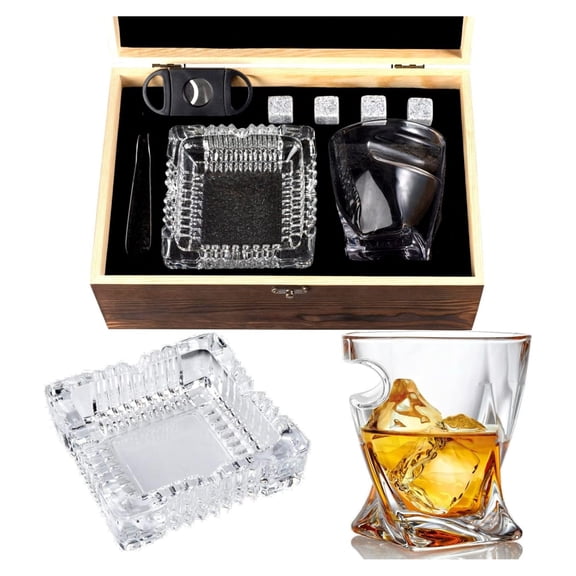 Whiskey Glass Gift Set - Bourbon Whiskey Stones Gift Set - Rocks Whisky Chilling Stones - Glassess Gift in Wooden Box - Wisky Stones Set - Burbon Gifts for Men Dad for Birthday Fathers Day