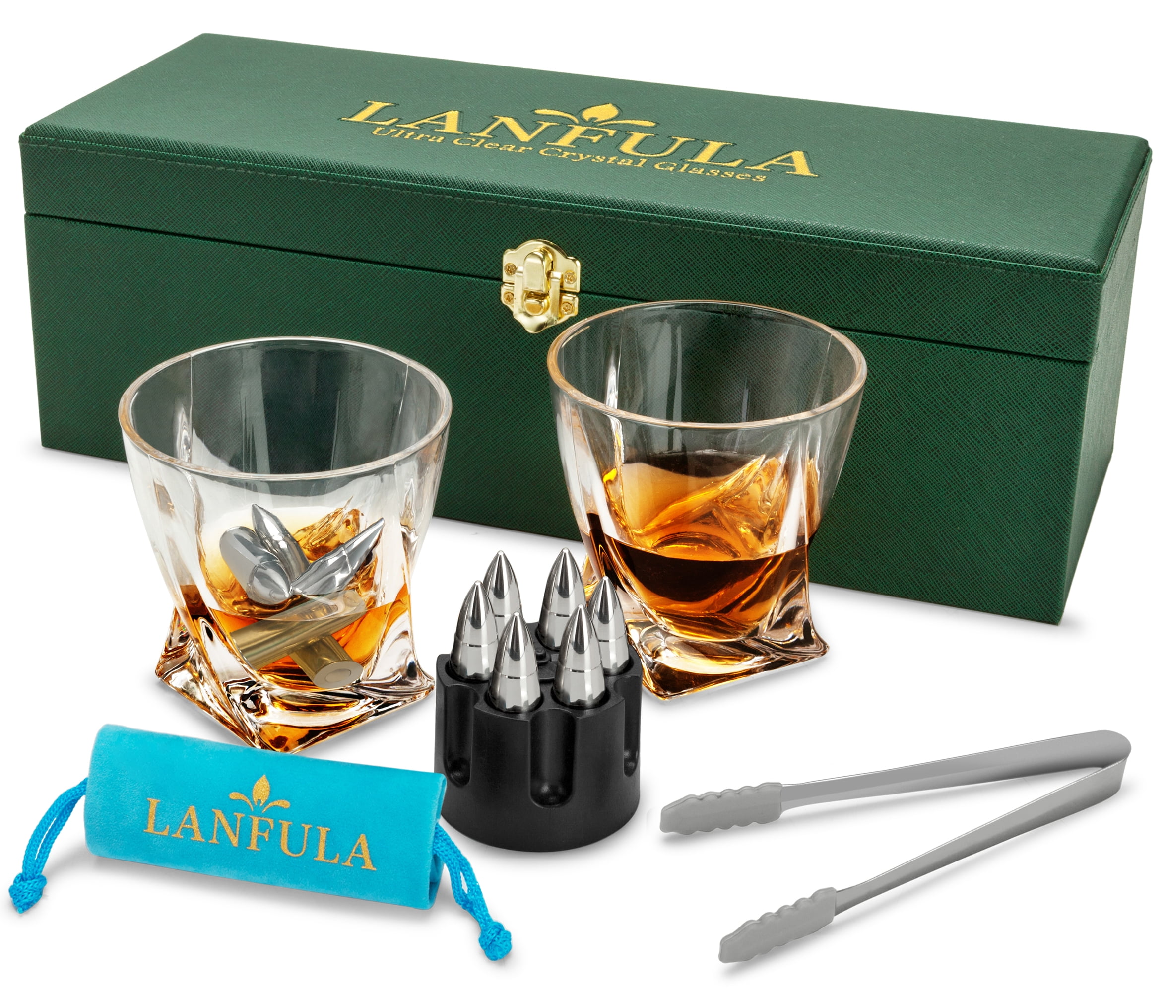 Whiskey Glass Gift Set for Men, Scotch Glasses and Stones Set with Gift Box, 6 XL Stainless Steel Bullet Stones and 10oz Whiskey Tumbler for Dad, Husband, Boyfriend