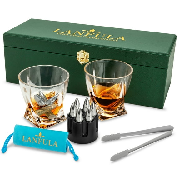 Whiskey Glass Gift Set for Men, Scotch Glasses and Stones Set with Gift Box, 6 XL Stainless Steel Bullet Stones and 10oz Whiskey Tumbler for Dad, Husband, Boyfriend