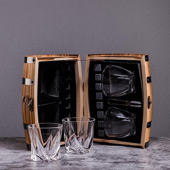 Whiskey Glass Gift Set with Rustic Wooden Barrel, 2 Glasses, 6 Granite Chilling Stones, Tongs, Personalized Scotch Bourbon Lovers Gift