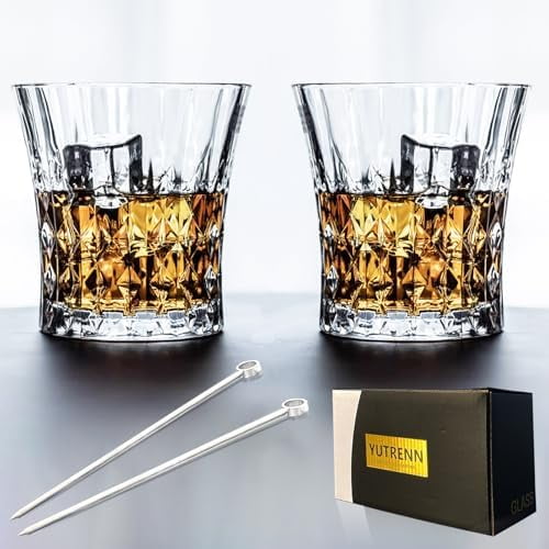 Whiskey Glass Set of 2 Cocktail Glass Cup with Luxury Box, 8.5 OZ Crystal Old Fashion Glasses Scotch Rum Cognac Vodka Liquor, Glass Drinking Set Gift for Men (2 Glass Cup & 2 Metal Picks)$$