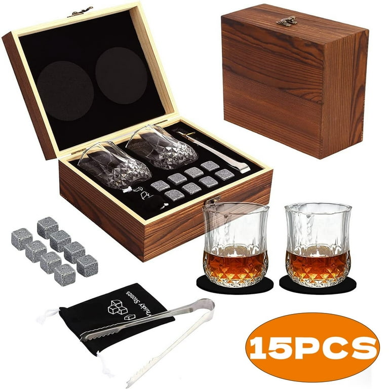 Whiskey Glass Set of 2, Crystal Glasses with Chilling Stones, Perfect  Wedding Gift for Couples, Wood Box Included 