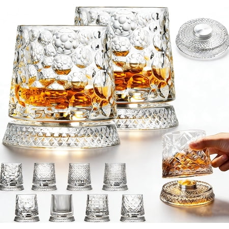 Whiskey Glasses 2 Pcs Rotatable Crystal Glass Cups, 360° Spinning Whiskey Tumbler with Stable Base, Old Fashioned Glass for Scotch Bourbon Cocktails, Drinking Glasses for Home Bar Gift