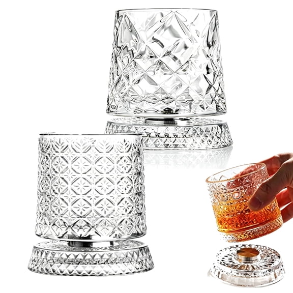 Whiskey Glasses 2 Pcs Rotatable Crystal Glass Cups, 360° Spinning Whiskey Tumbler with Stable Base,Drinking Glasses for Home Bar Father's Day Gift
