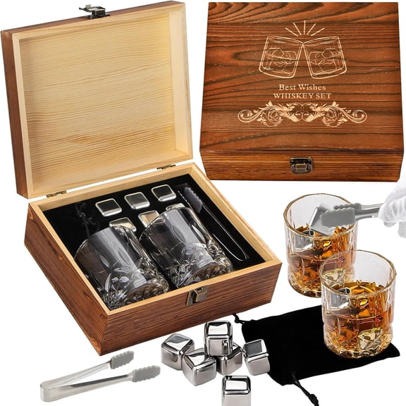 Whiskey Glasses Gifts Set for Men, Whiskey Stones Bourbon Drinking Glass with Wooden Gift Box, Cocktails Scotch Cups Birthday Gift Set for Him