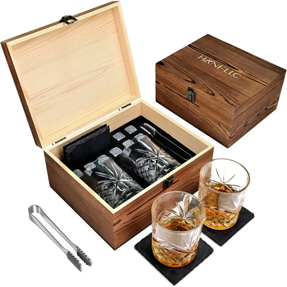 TINANA Whiskey Glass Set Gifts for Men: 11 OZ Scotch Glass, Old Fashioned Whiskey Glasses for Birthday Decorations,Ideal Gifts for Him,Dad,Husband,with Wooden Box,Chilling Stones,Coaster