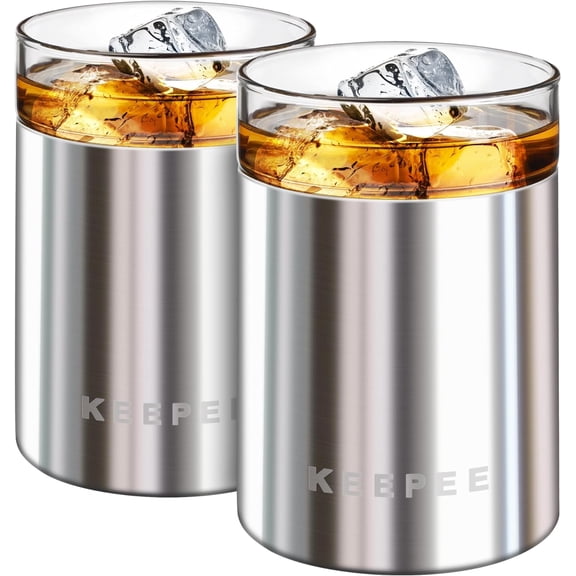 Whiskey Glasses Set of 2, Insulated Tumbler with Removable Glass Insert, Insulated Cocktail Glass, Old Fashioned Lowball for Margaritas, Bourbon, Whiskey, 10oz, Stainless Steel