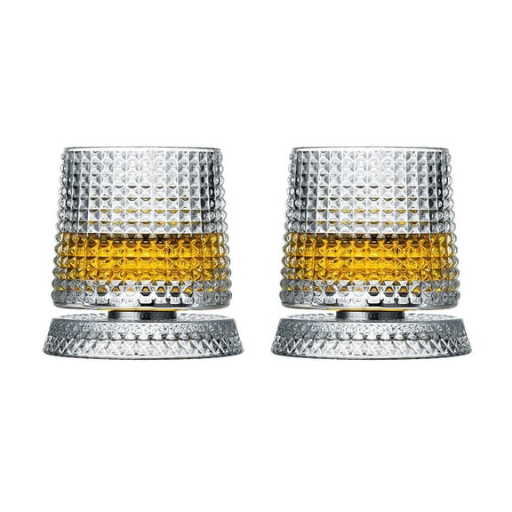 Whiskey Glasses Set of 2, Rotatable Tumbler Crystal Glass Cups, Drinking Glasses with 2Pcs Creative Coasters - for Scotch,Bourbon,Cocktails