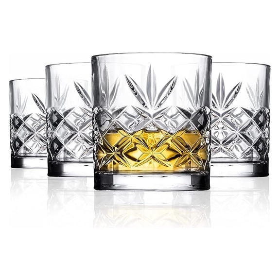 Whiskey Glasses Set of 4, 10.6oz Crystal Lowball Glasses - Kinsley Design for Bourbon, Scotch, Cocktails - Gift for Drink Enthusiasts