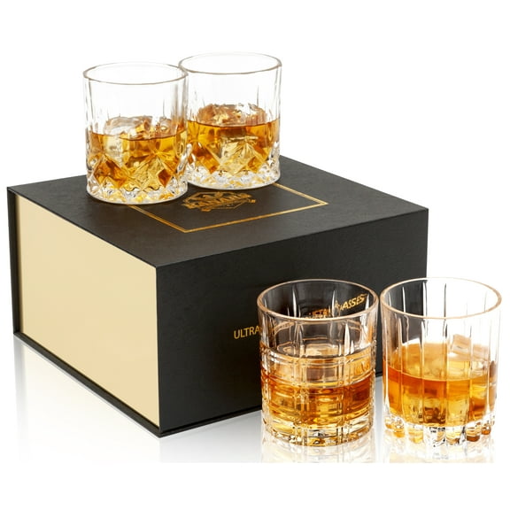 Whiskey Glasses Set of 4, 10oz LANFULA Glass Tumbler for Scotch Bourbon Whisky Glassware