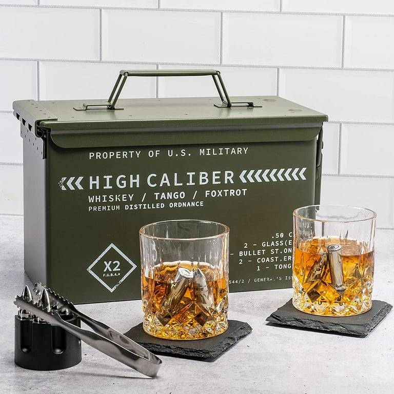 Whiskey Glasses and Whiskey Stones in Unique Tactical Box Display