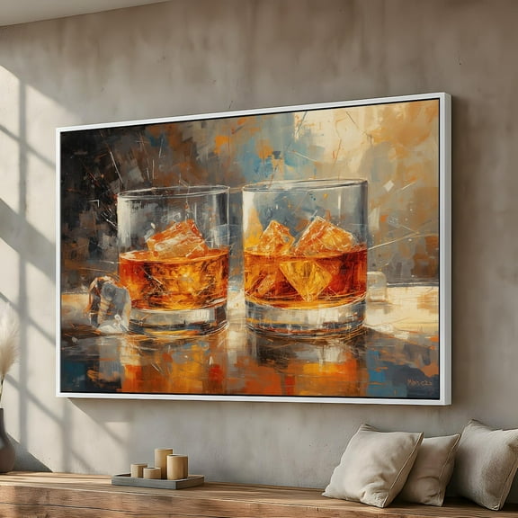 Whiskey Glasses With Ice | Bar And Lounge Wall Decor | Modern Abstract Canvas Wall Art | Kitchen & Bar Home Decoration, Unframed Canvas Size 24x36