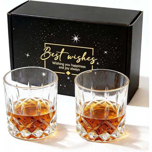 Whiskey Glasses with Luxury gift Box - 10 Oz Barware For Scotch, Bourbon, Liquor and Cocktail Drinks - Set of 2- Men Gift,Lead-Free