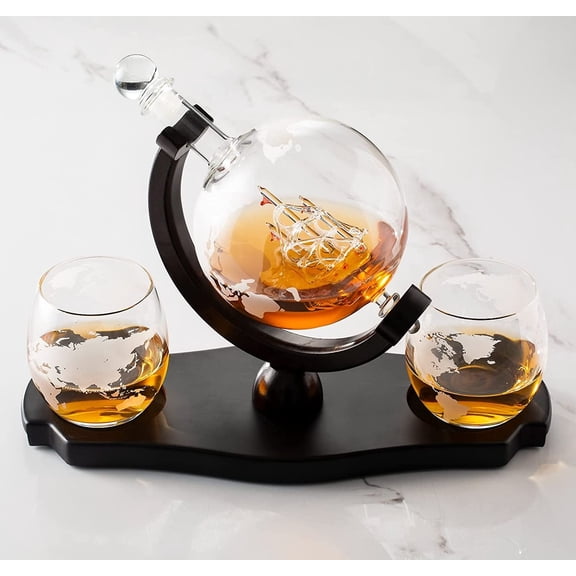 Whiskey Globe Decanter Set with 2 Etched Globe Glasses in Gift Box - Home Bar Accessories for Liquor, Whiskey, Brandy, Gin, Rum, Tequila, Vodka, and Brandy