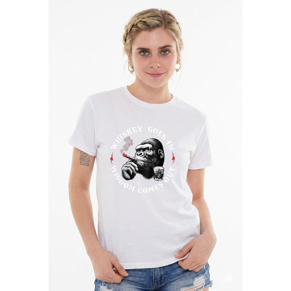 Whiskey Goes In Wisdom Comes Out Monkey Humor Quote Graphic Tee ShirtV14760,for unisex up to 5XL