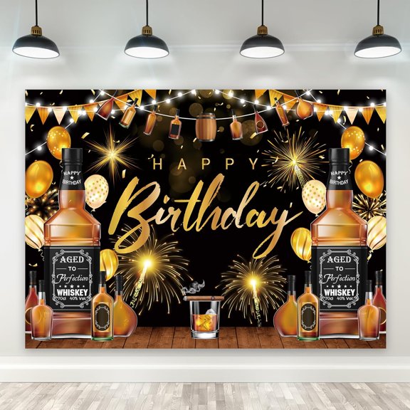 Whiskey Happy Birthday Backdrop for Men Black Gold Balloons Fireworks Cigar Barrel Wood Modern Photography Background Cheer Table Decor Banner Studio Photo Shoot