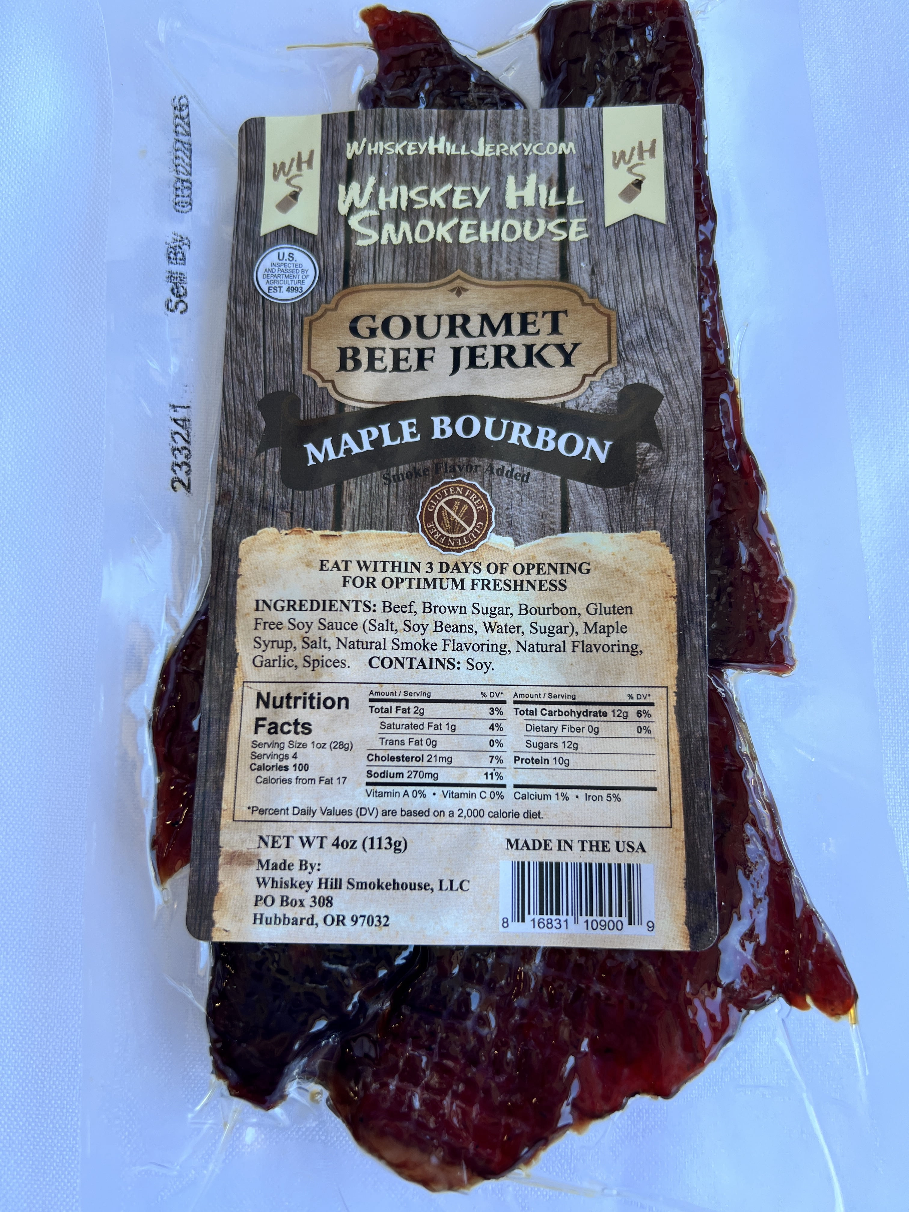 Whiskey Hill Smokehouse - MAPLE BOURBON - Gourmet Beef Jerky - Gluten Free (4oz)