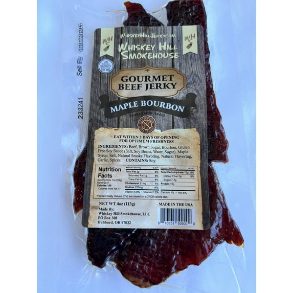 Whiskey Hill Smokehouse - MAPLE BOURBON - Gourmet Beef Jerky - Gluten Free (4oz)