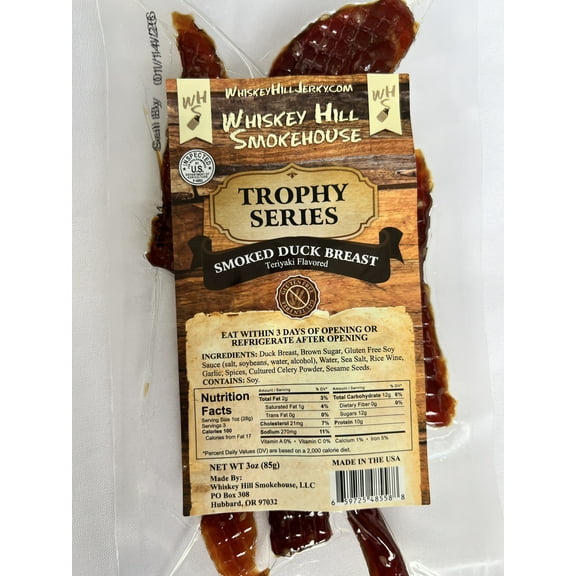 Whiskey Hill Smokehouse - Trophy Series - SMOKED DUCK BREAST Jerky with Teriyaki Flavor - 100% Duck Breast (3oz)
