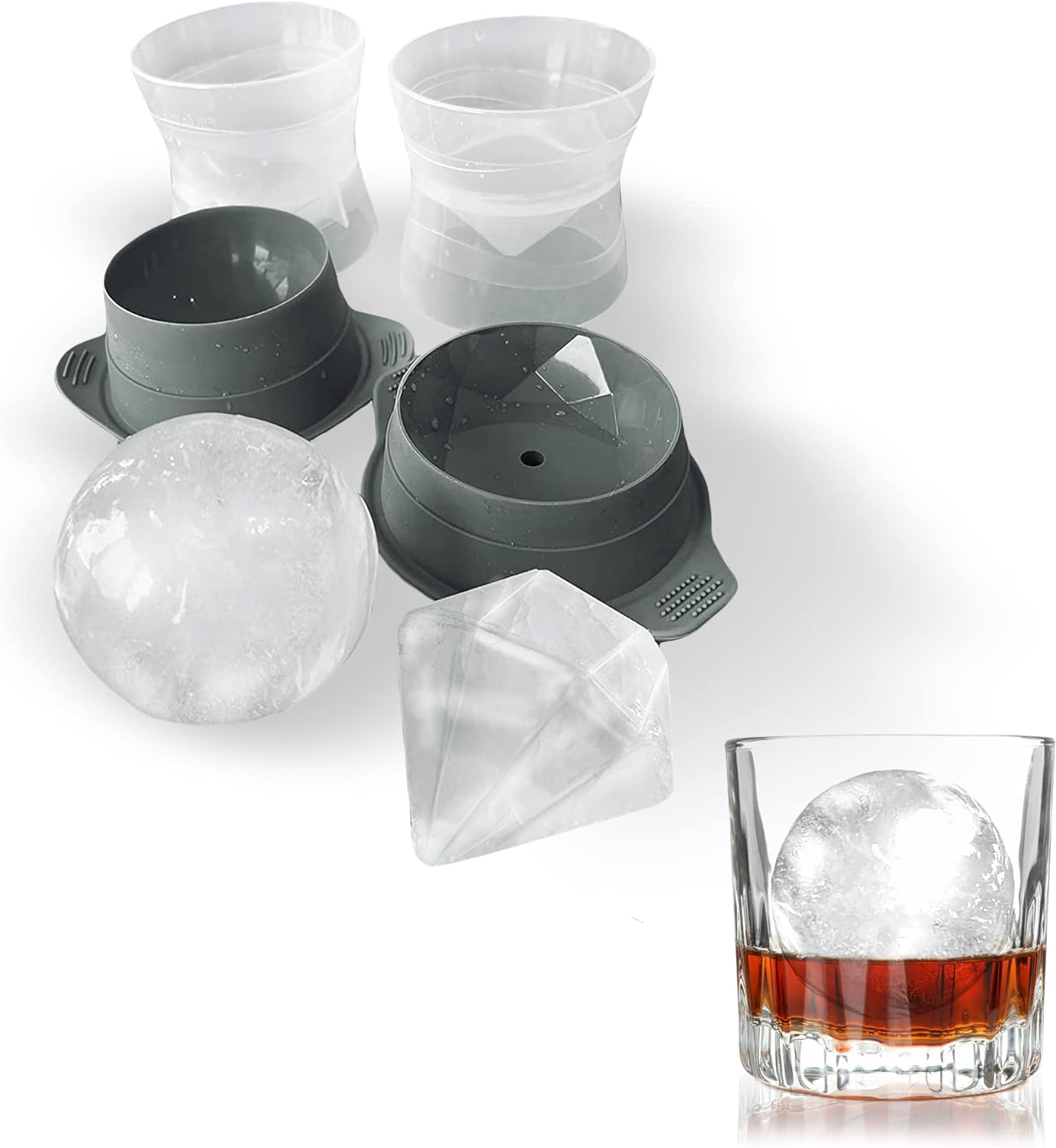 Whiskey Ice Cubes Sphere and Diamond Shape Ice Molds 2 Pack Extra