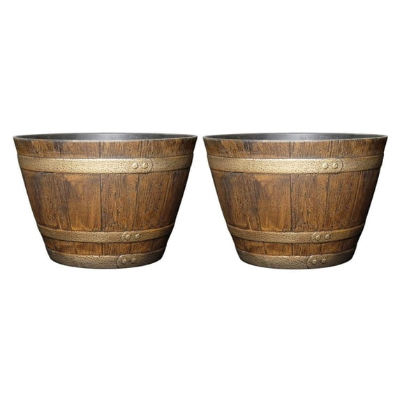 Whiskey Plastic Resin Flower Pot Barrel Planter, 15", Oak Brown (2 Pack)