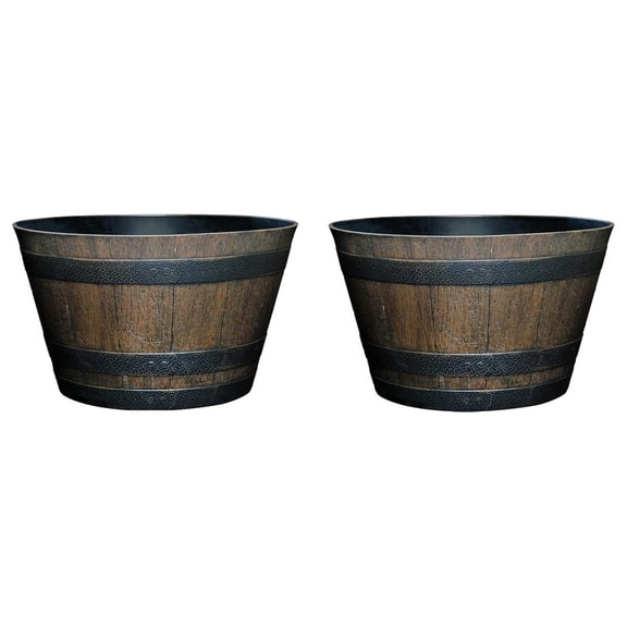 Whiskey Plastic Resin Flower Pot Barrel Planter, Walnut Brown, 20.5" (Pack of 2) Classic, 2-Pack, 20.5"