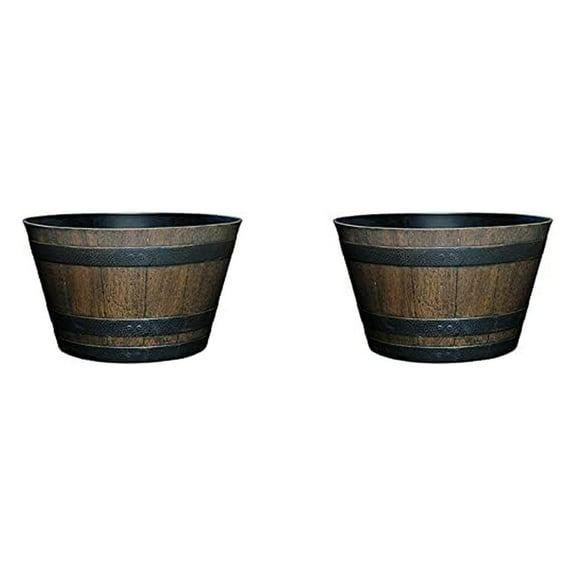 Whiskey Plastic Resin Flower Pot Barrel Planter, Walnut Brown, 9" (Pack of 2)