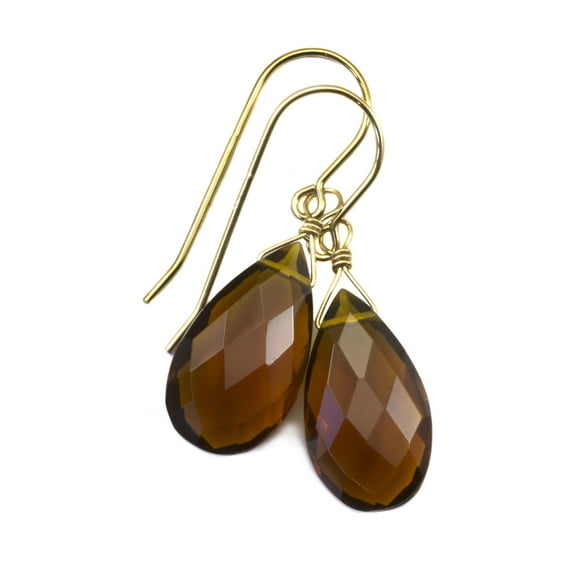 Whiskey Simulated Quartz Earrings Faceted Pear Shape Teardrop Drops 14k Yellow Gold Filled