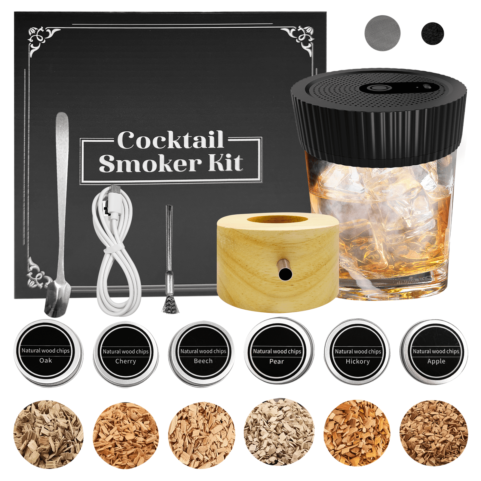 Whiskey Smoker Kit, Cocktail Smoker Kit, Rechargeable Cocktail Smoker Kit with 6 Wood Chips, Old Fashioned Drink Smoker Kit, Bourbon Whiskey Gifts for Men,Dad,H