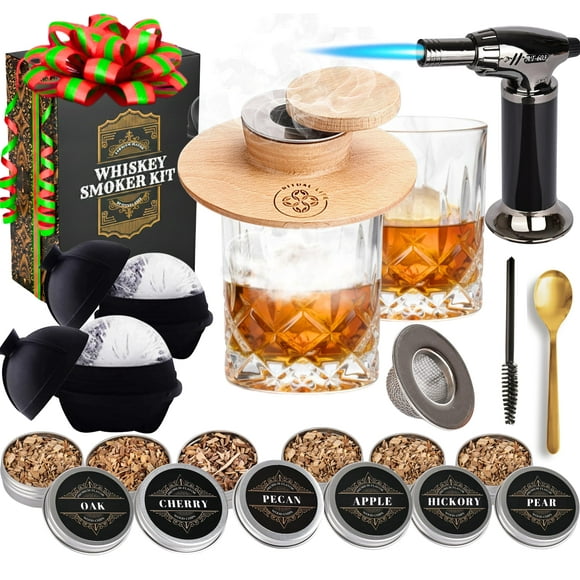 Whiskey Smoker Kit - Cocktail Smoker Kit with Torch, 2 Whiskey Glasses, 2 Ice Ball Makers, 6 Flavors Wood Chips - Old Fashioned Smokers - Bourbon Drink Smoking Set - Whiskey Accessories Gifts for Men