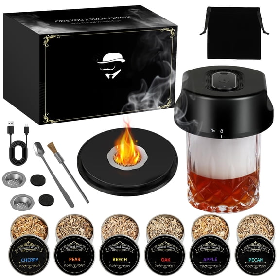 Whiskey Smoker Kit, Electric Cocktail Smoker Kit with 6 Wood Chips, Rechargeable Bourbon Smoker Kit Built in Lighter, Birthday Father's Day Christmas for Men Dad(No Need Butane)