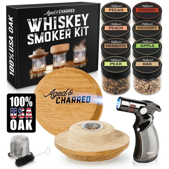 Whiskey Smoker Kit with Torch and 8 Wood Chip Flavors – Old Fashioned Cocktail Smoker Kit with Oak Smoke Lid – Bourbon Gifts for Men – No Butane – Includes Torch, Screens, Gift Box