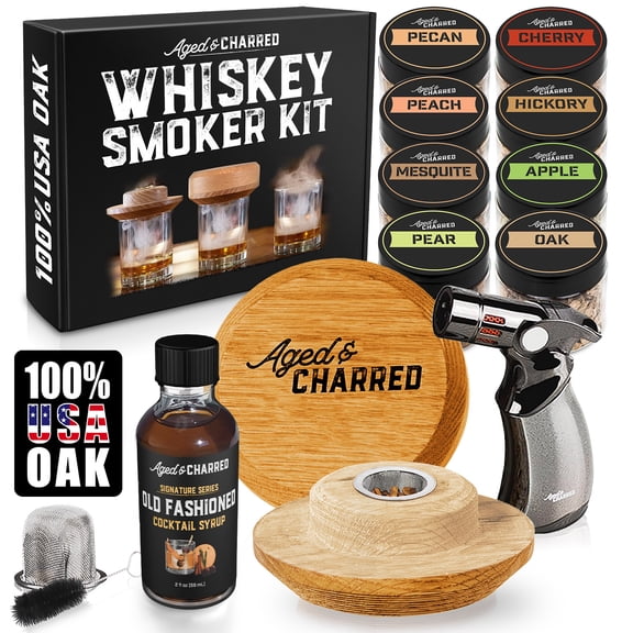 Whiskey Smoker Kit with Torch and Old Fashioned Syrup - 8 Flavors Wood Chips - Bourbon Gifts for Men, Cocktail Smoker kit - USA Oak Smoke Lid (No Butane)